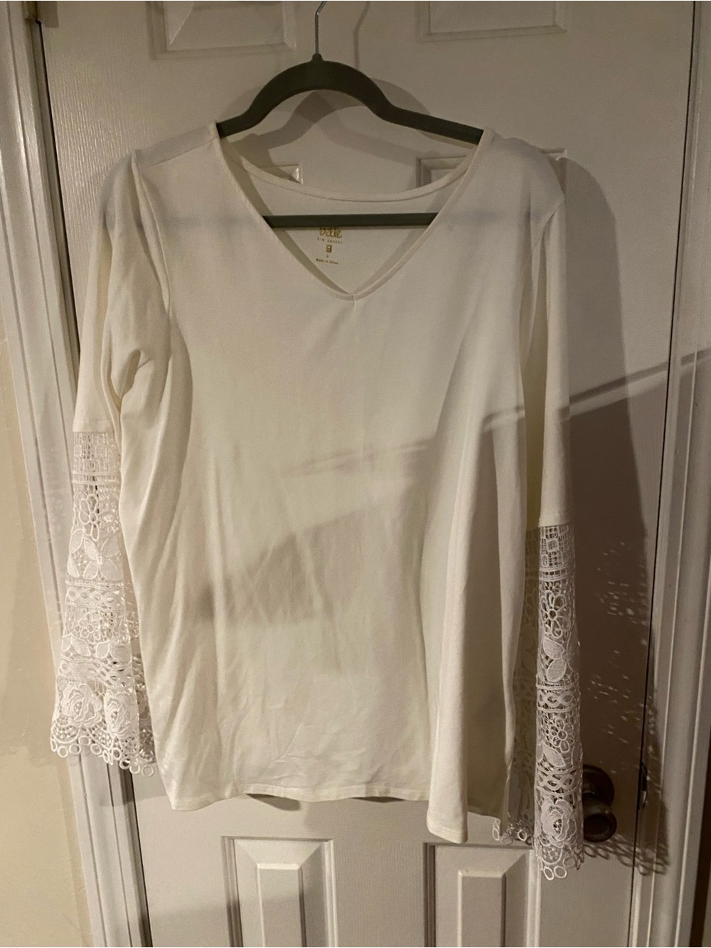 Belle by Kim Gravel White V-Neck Top with Lace Bell Sleeves